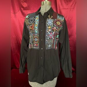 Embroidered Black Button-Up Shirt